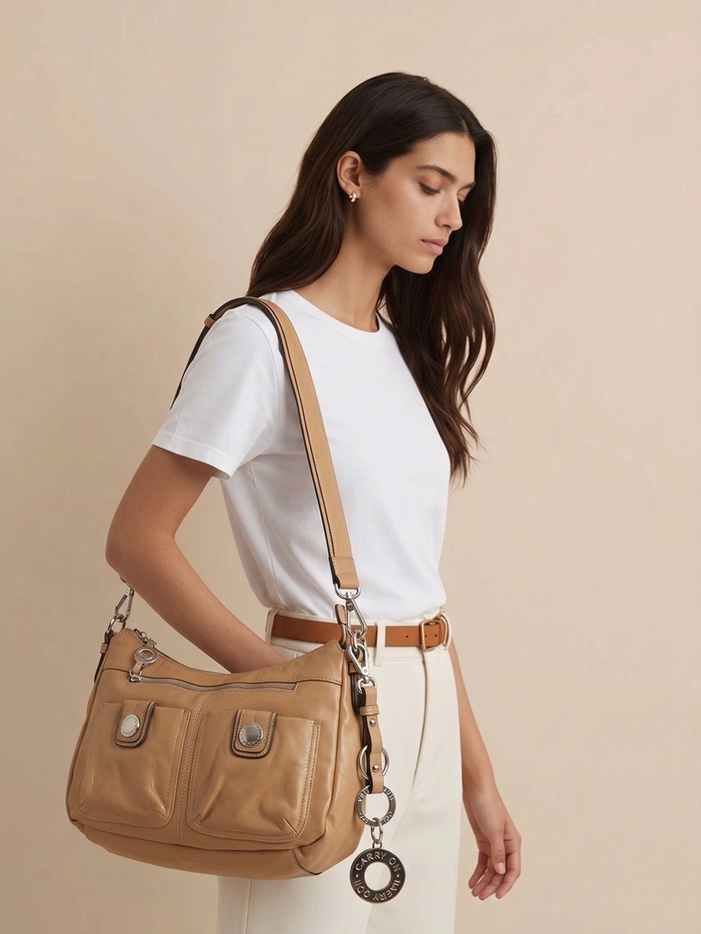 Franco Sarto Beige Purse Multiple Pockets, Key Chain Strong Adjustable Strap